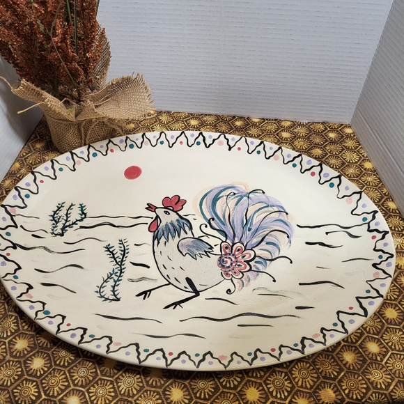 Hand Painted Oval Art Pottery Serving Platter Rooster - Picture 7 of 15